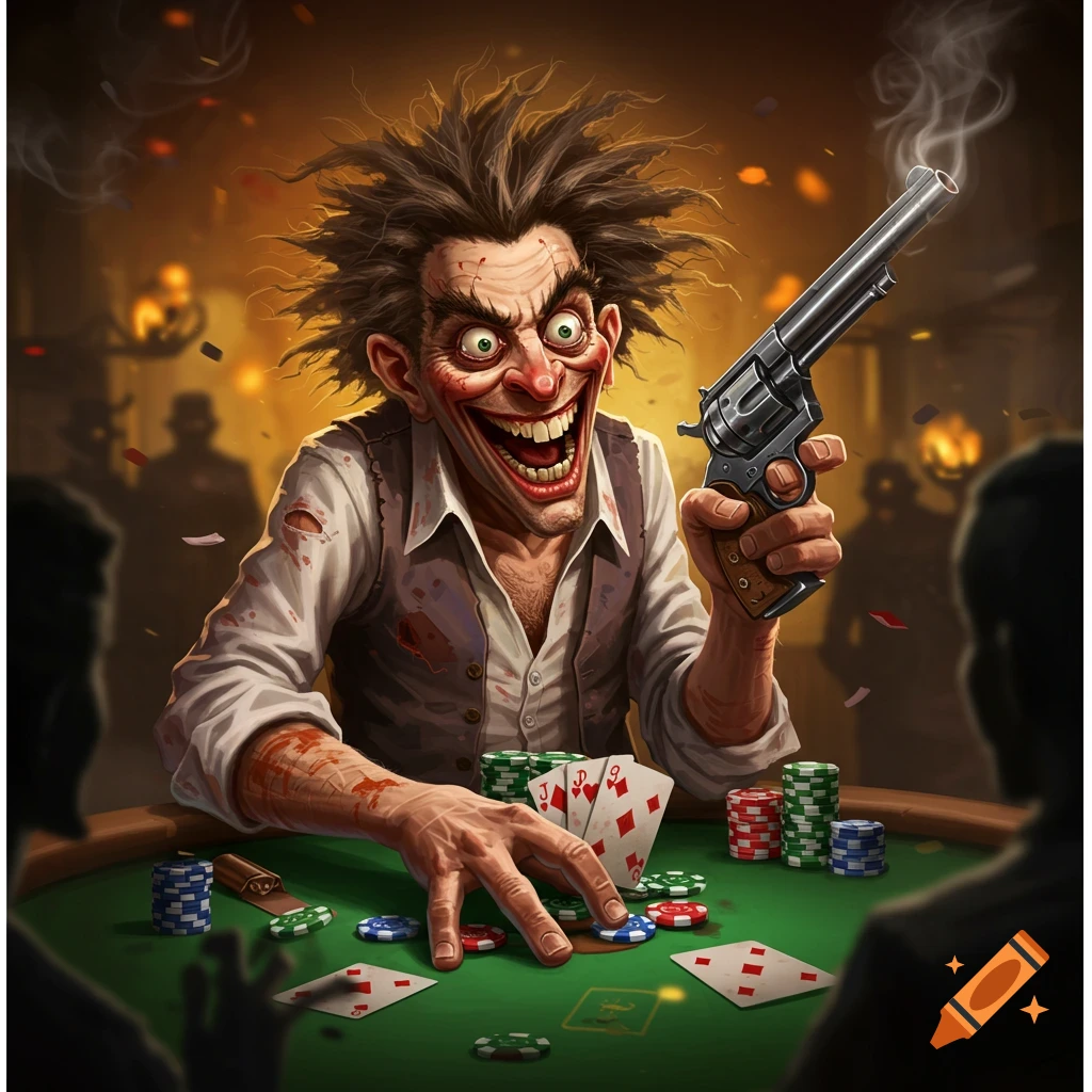 A crazy man with wild hair and a creepy smile playing poker and holding a gun.