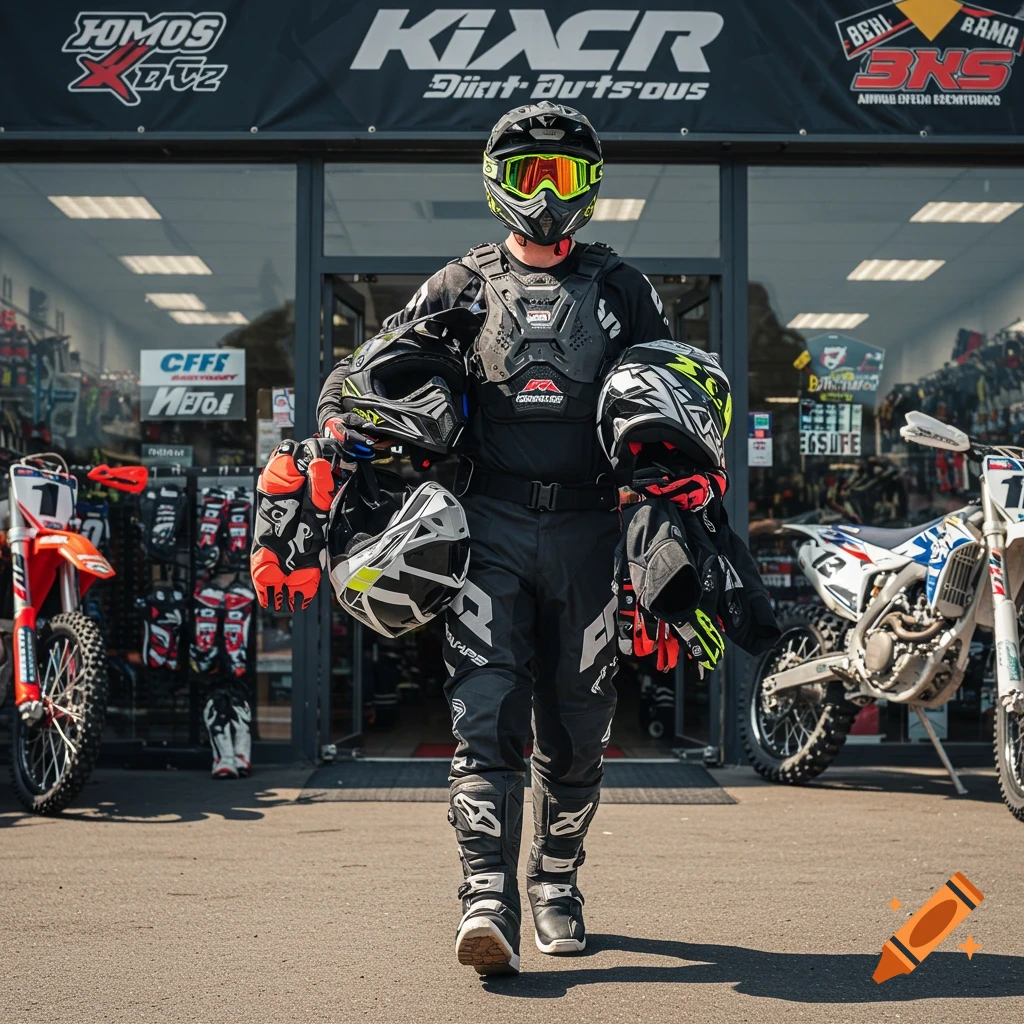 A person in motocross gear holds several helmets outside a dirt bike store with bikes displayed. Photorealistic style.