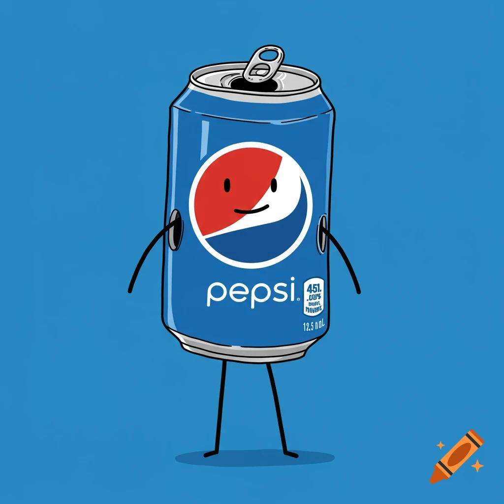 A cartoon Pepsi can with stick arms and legs stands on a blue background.