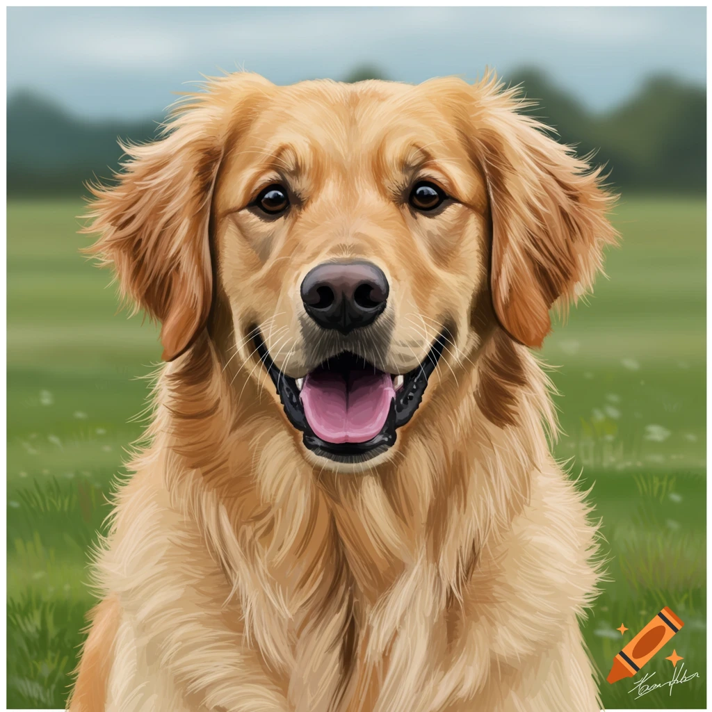 A happy golden retriever dog in a field