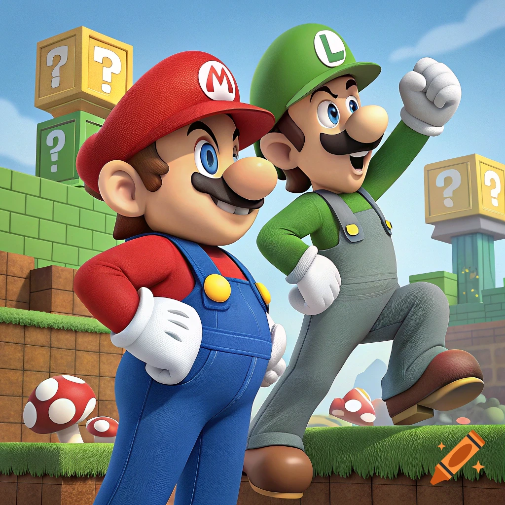 Mario and Luigi standing in a colorful Super Mario game world with question mark blocks and mushrooms.