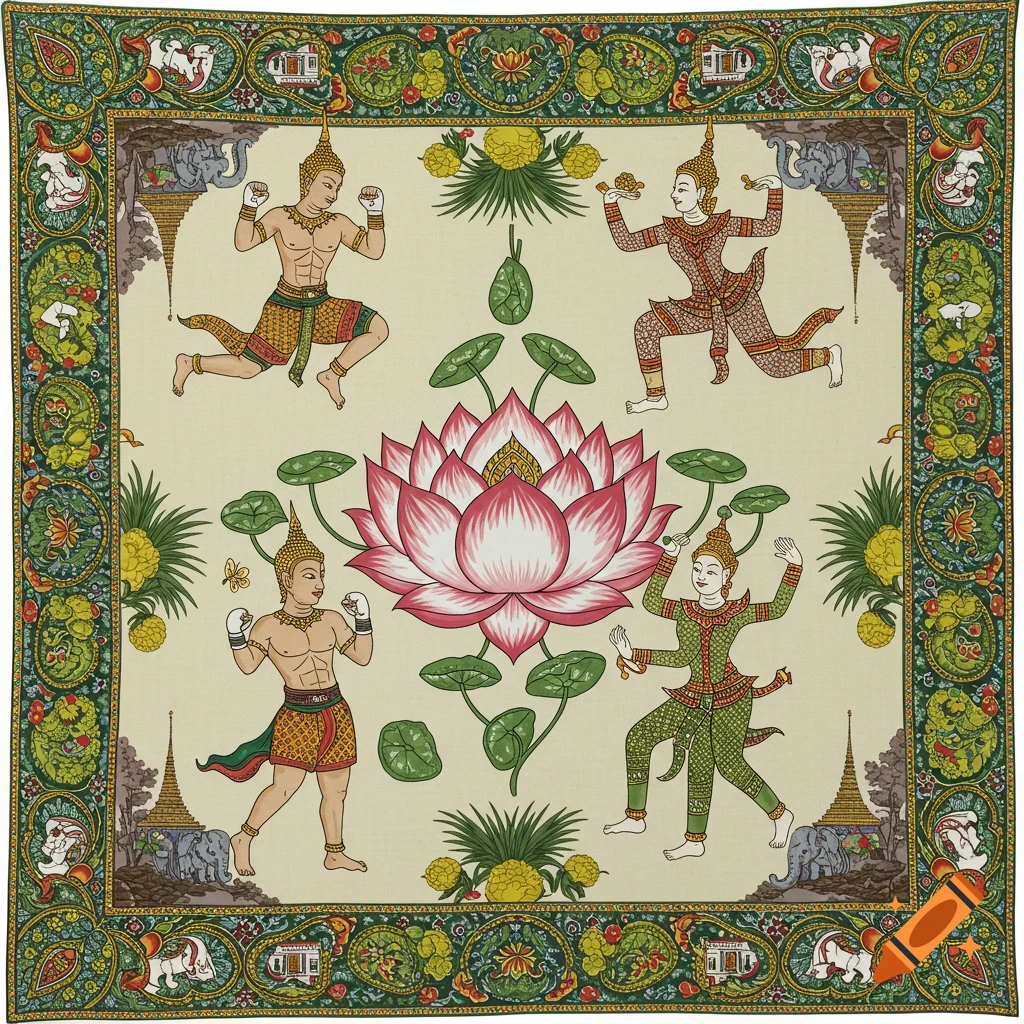 Digital illustration of a square bandana design with a pink lotus center, surrounded by Thai figures (fighter, dancer), elephants, temples, and floral border.