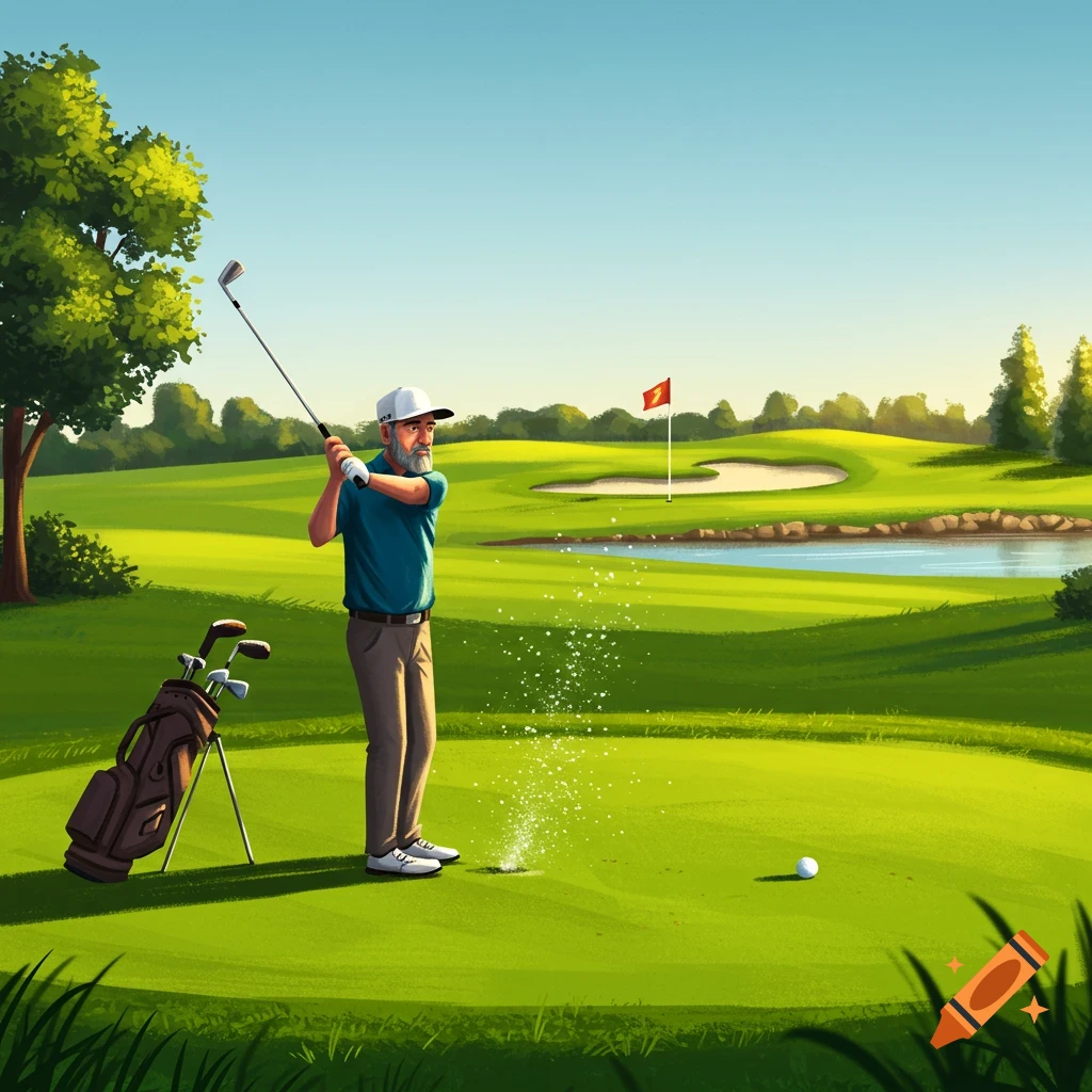 A man is hitting a golf ball on a golf course