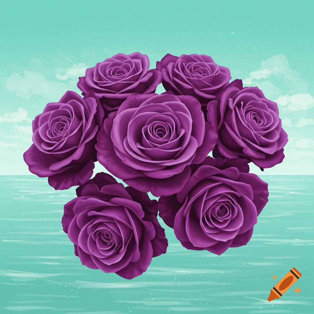 Purple roses floating above turquoise water against a teal sky.