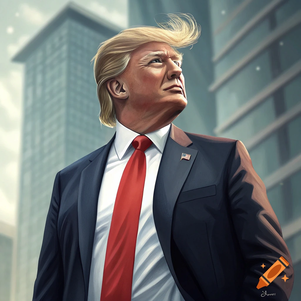 Portrait of Donald Trump in a suit and red tie looking up at a city building, illustration style.