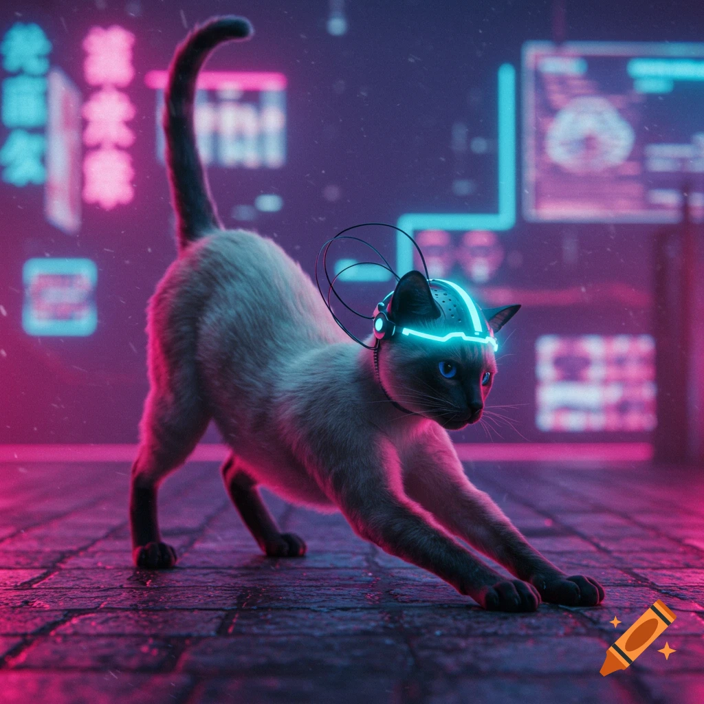 A Siamese cat wearing a neon EEG cap stretches in a cyberpunk city street.