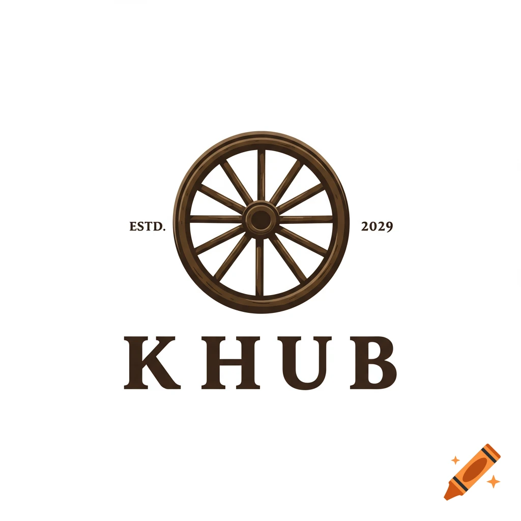 A logo featuring a brown wooden wagon wheel with spokes above the text "KHUB". The text "ESTD." is to the left of the wheel and "2029" is to the right.