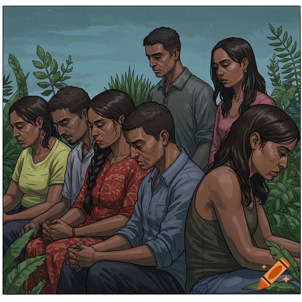 Illustrated image of a group of people sitting outdoors with bowed heads, appearing pensive or sad.