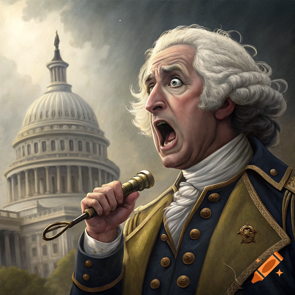 Caricature of George Washington shouting into a whistle in front of the U.S. Capitol.