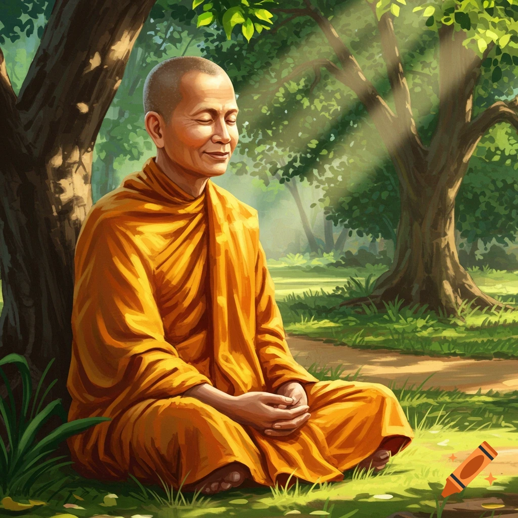 A monk meditates under a tree in a sunlit forest clearing.