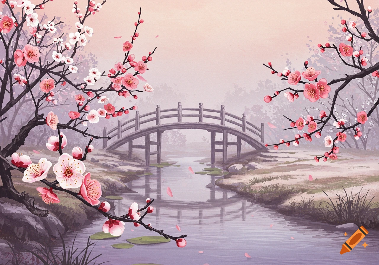 A stone bridge spans a stream with cherry blossoms.