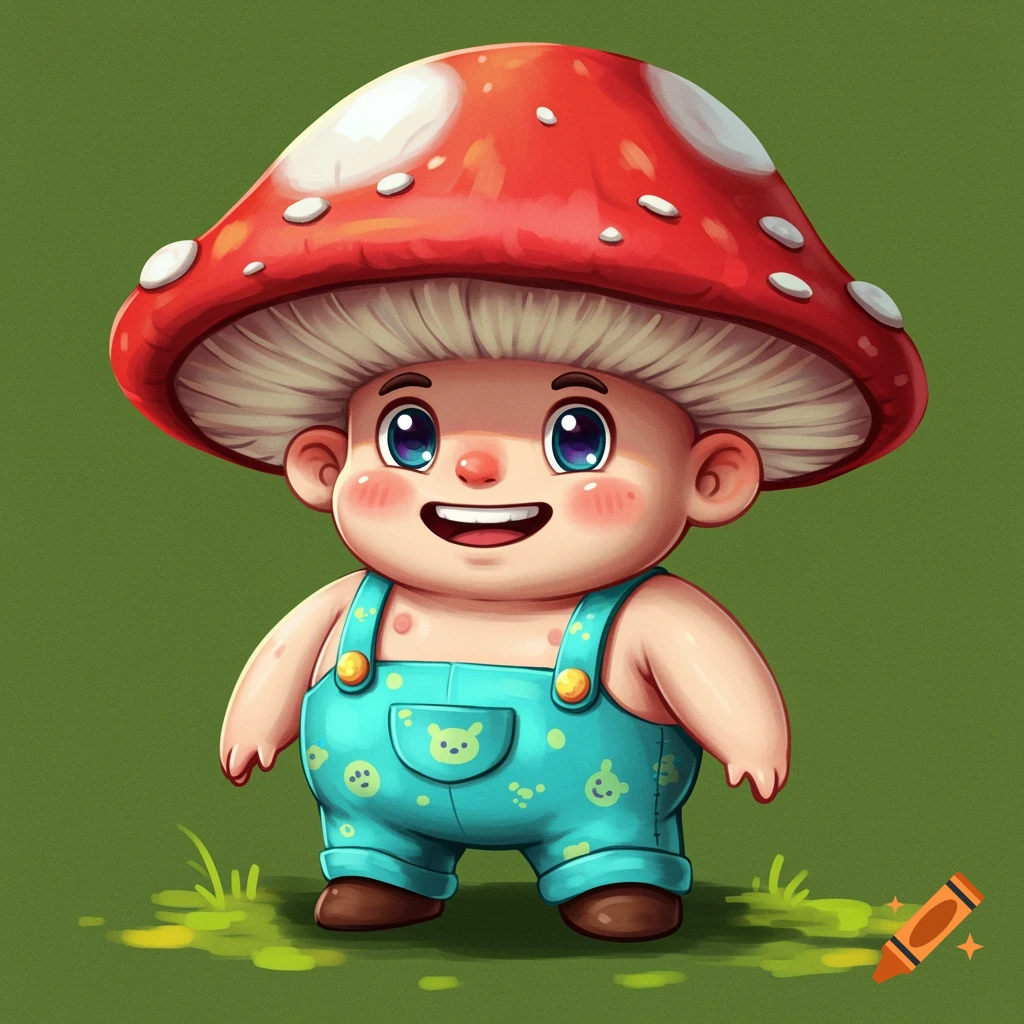A cute cartoon mushroom character wearing blue overalls, standing on green ground.