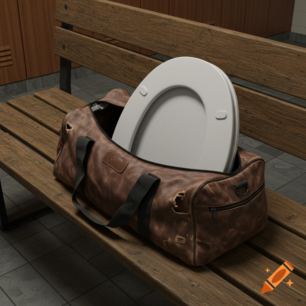 A toilet seat sticks out of a gym bag sitting on a wooden bench in a locker room.
