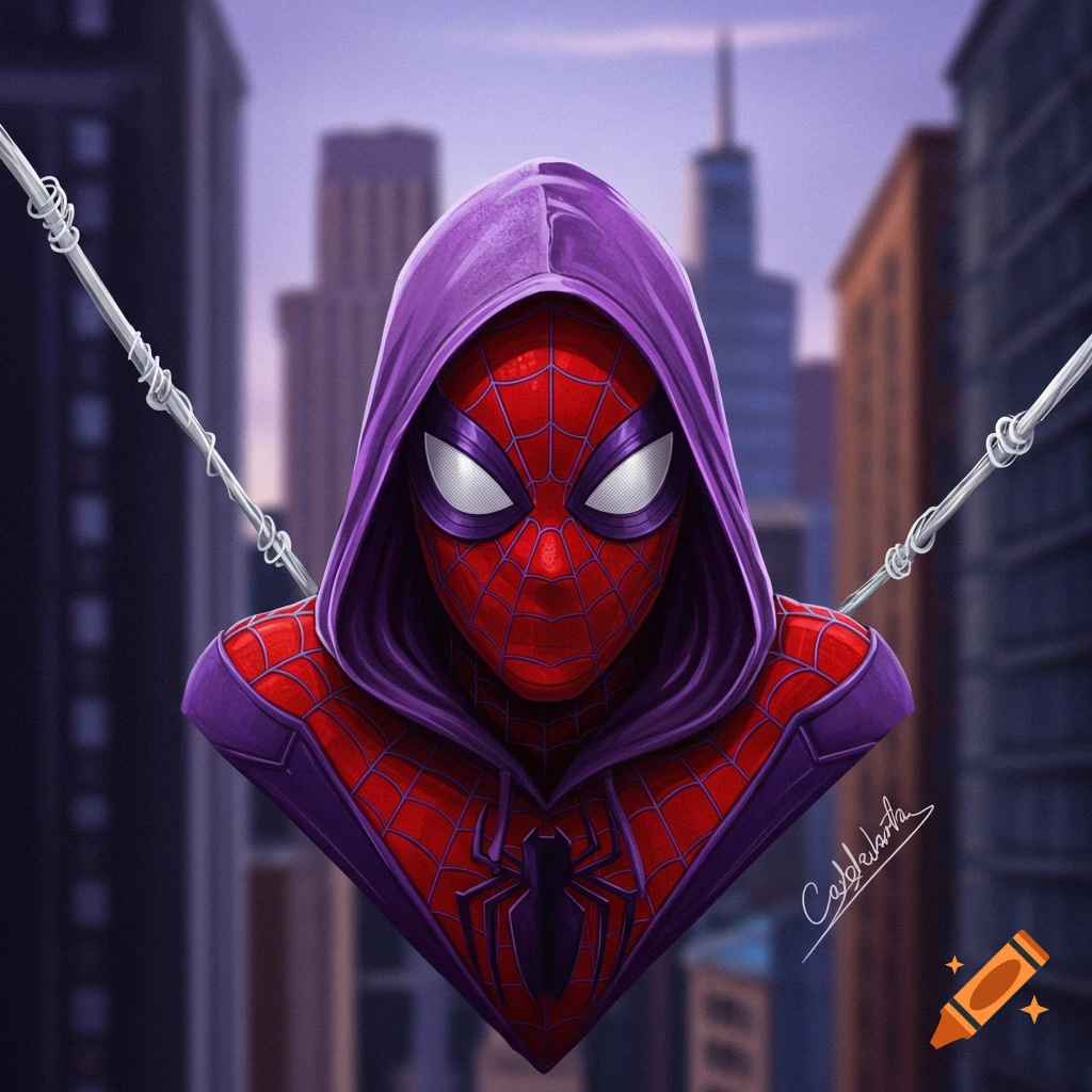 Digital art bust of Spider-Man in red suit and purple hood, hanging by webs over a city.