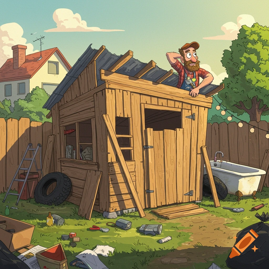 Cartoon man on a shed roof surrounded by junk in a backyard.