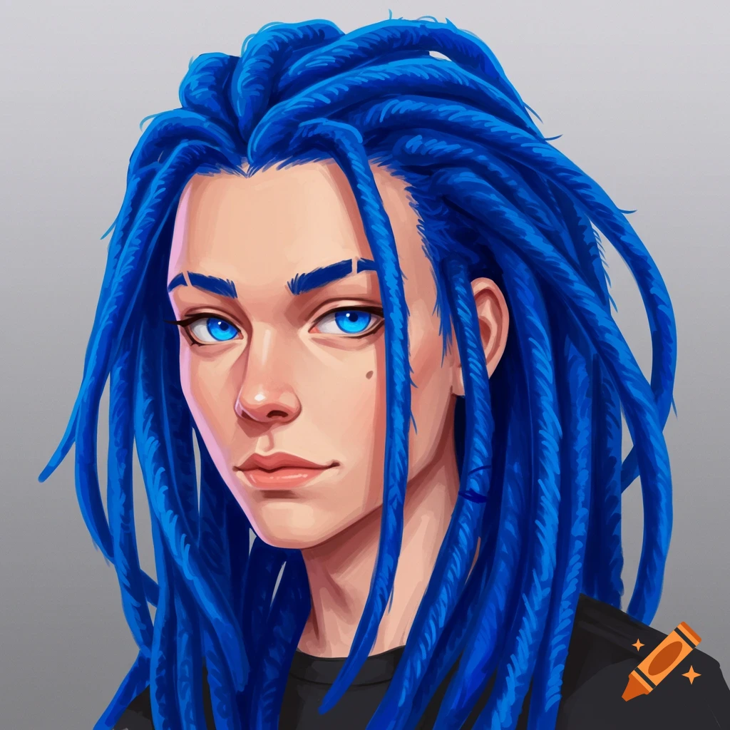 Portrait of a person with bright blue dreadlocks