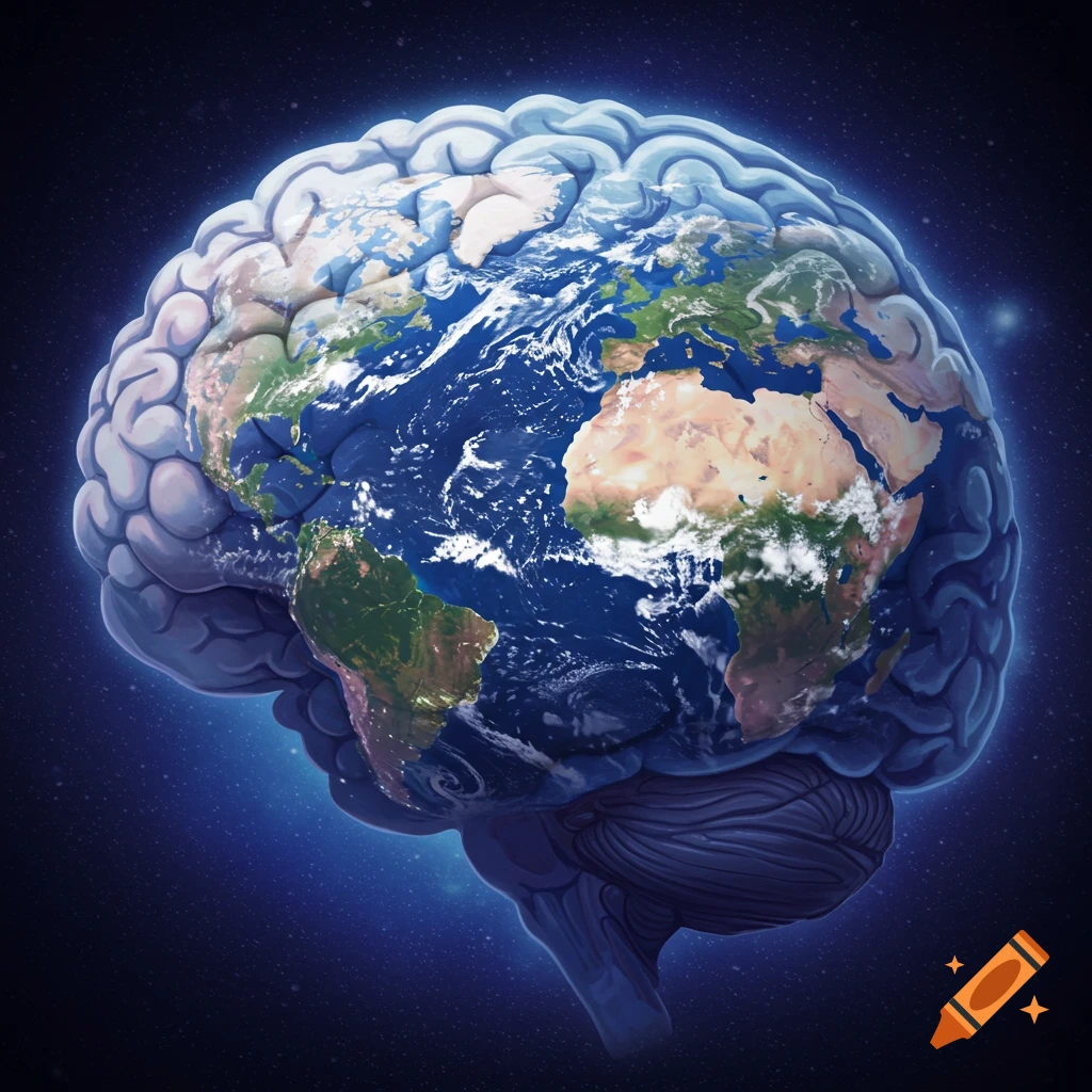 The Earth's surface is mapped onto a human brain against a starry background.