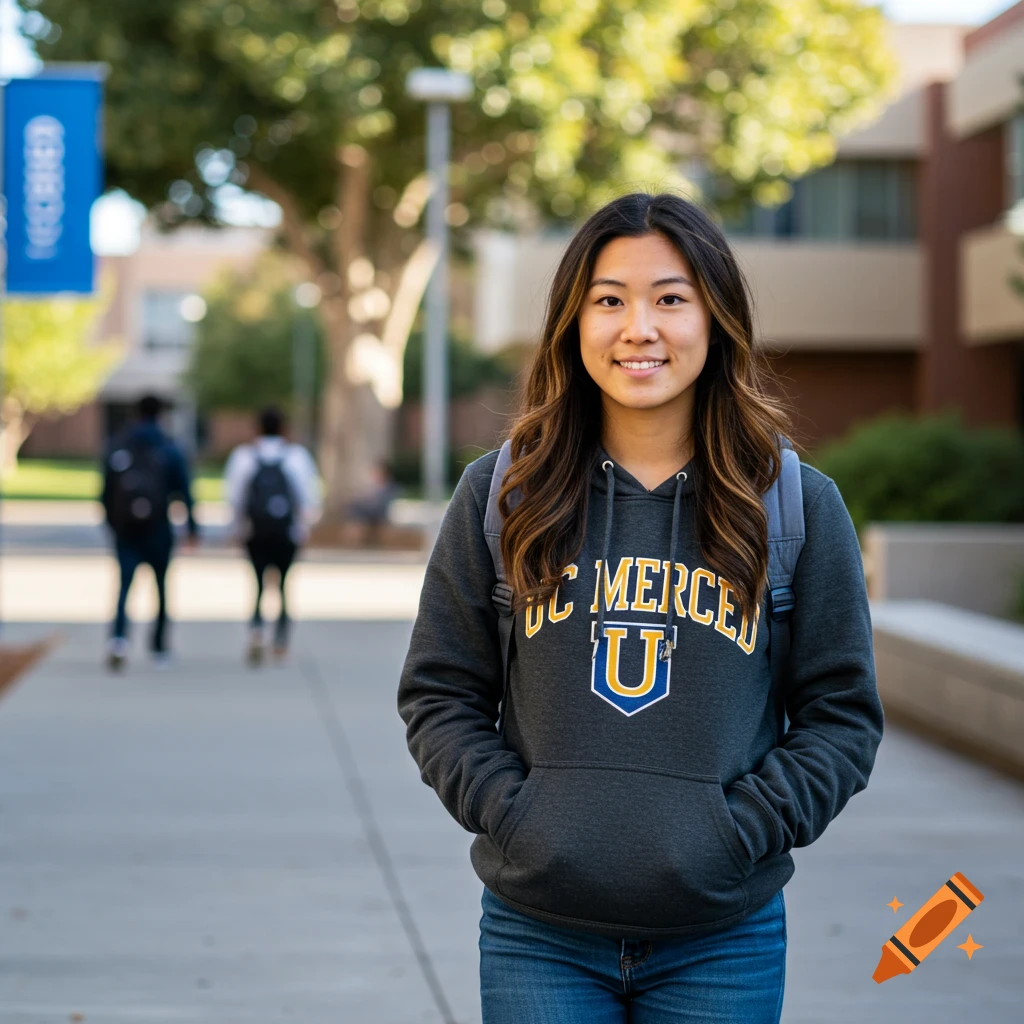 A young woman wearing a hoodie and backpack stands on a college campus path.