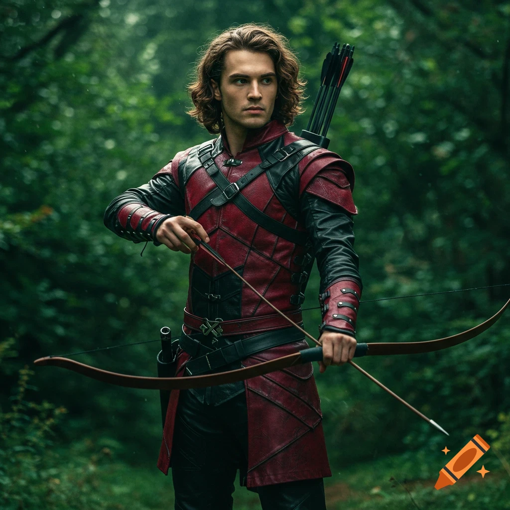 Photorealistic portrait of a male archer with bow and arrow in a forest