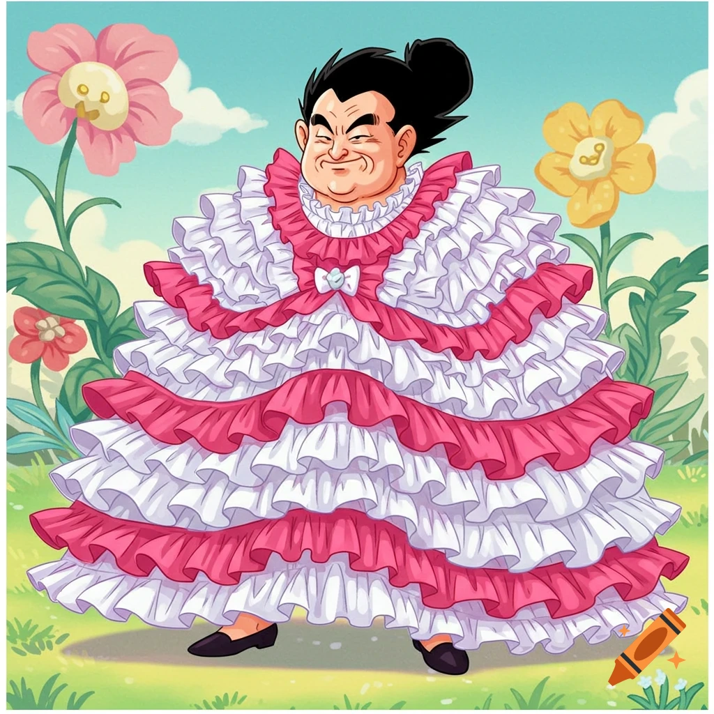 Mr. Popo from Dragon Ball wearing a large pink and white ruffled dress in a field of flowers.