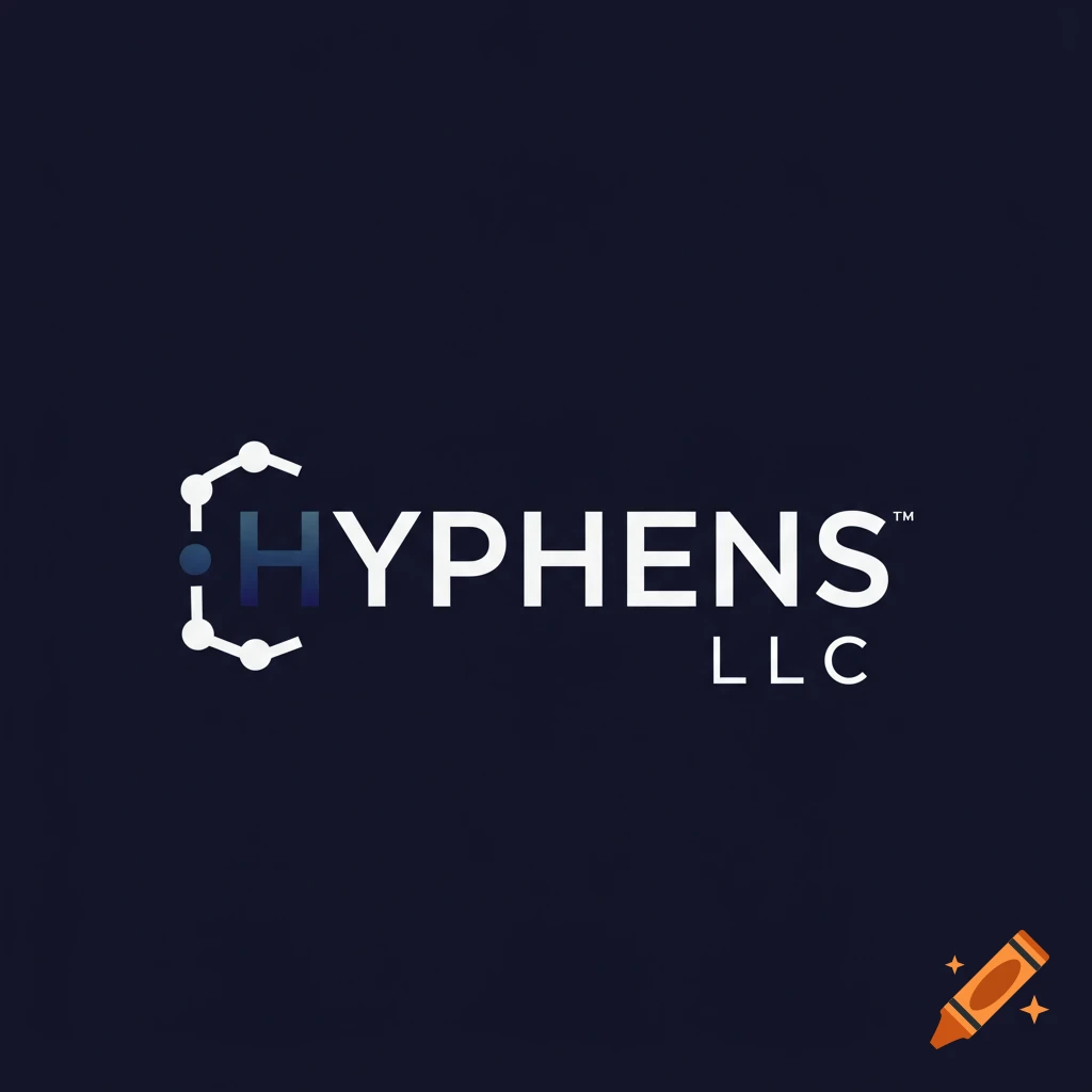 A logo with the text 'HYPHENS LLC' and a geometric design on a dark background.