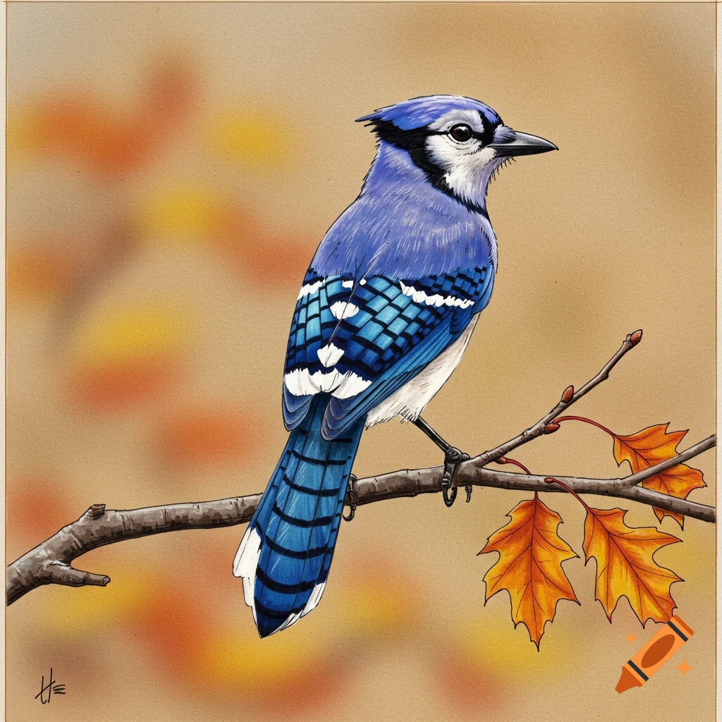 An illustration of a blue jay perched on a branch with autumn leaves.