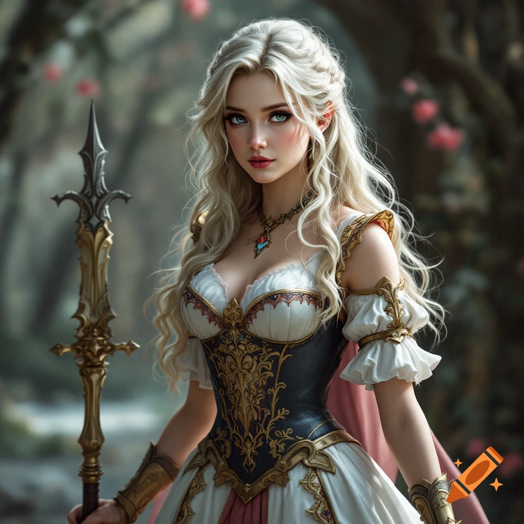 Realistic portrait of a fantasy warrior woman holding a spear in a forest