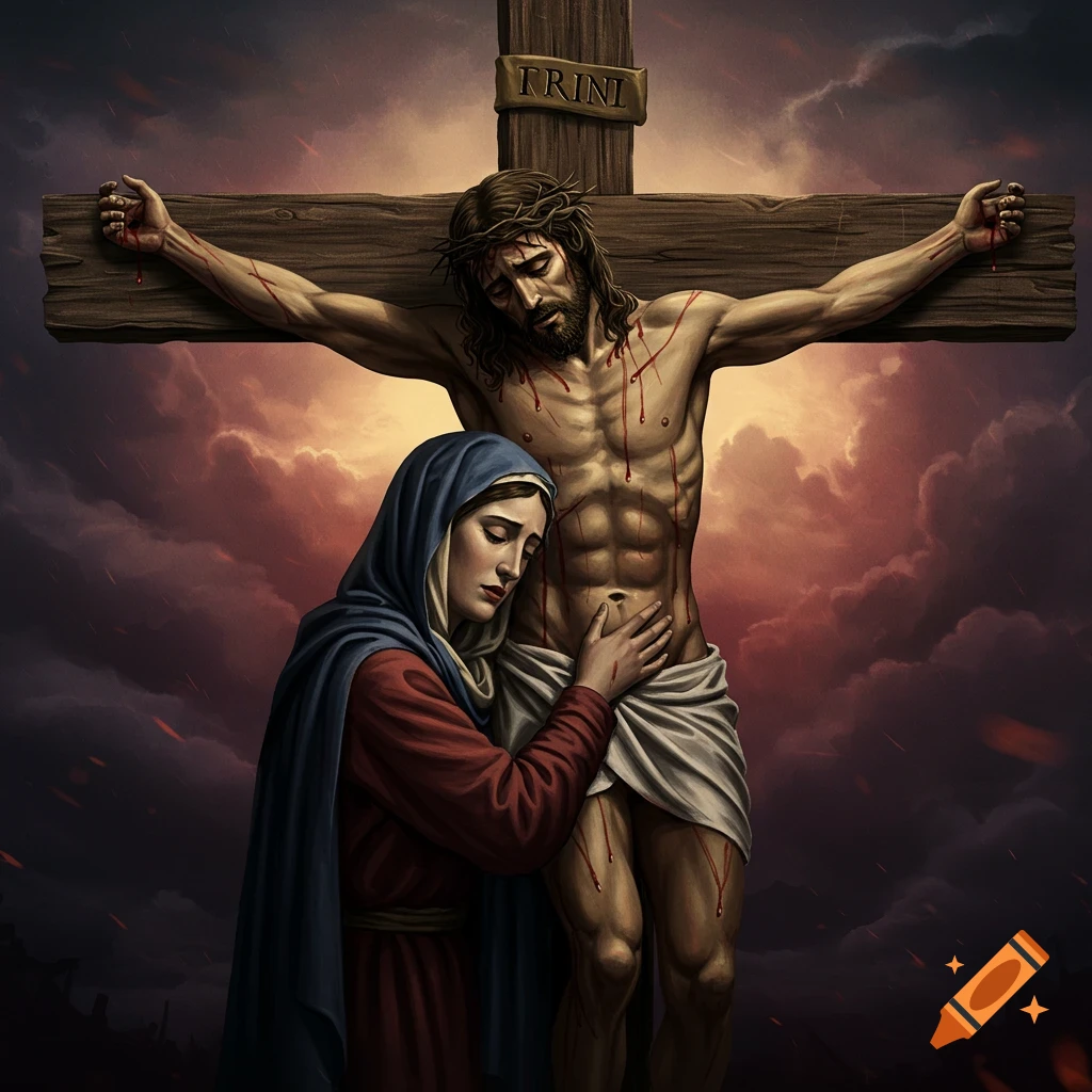 Jesus on the cross with a figure embracing his legs against a dramatic sky.