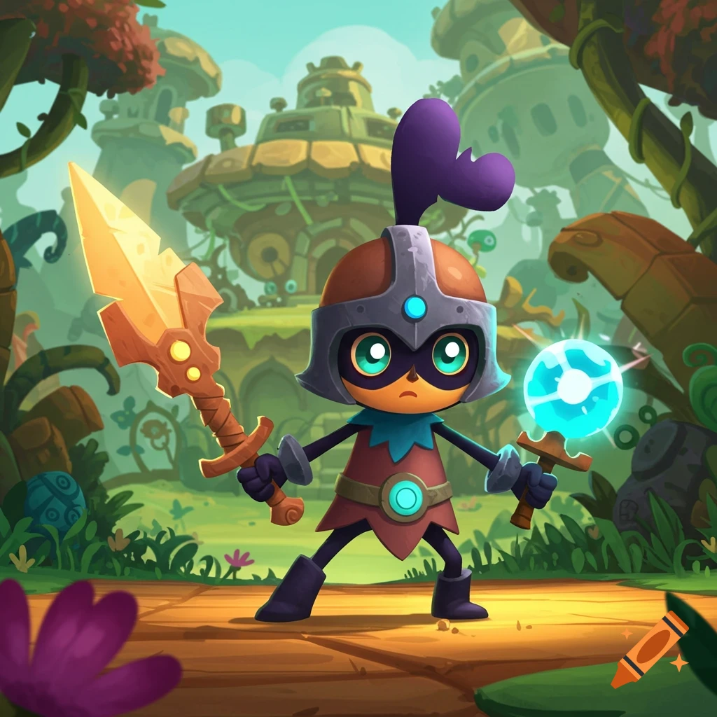 A stylized cartoon creature wearing a helmet, holding a spear and a glowing orb in a fantasy village.