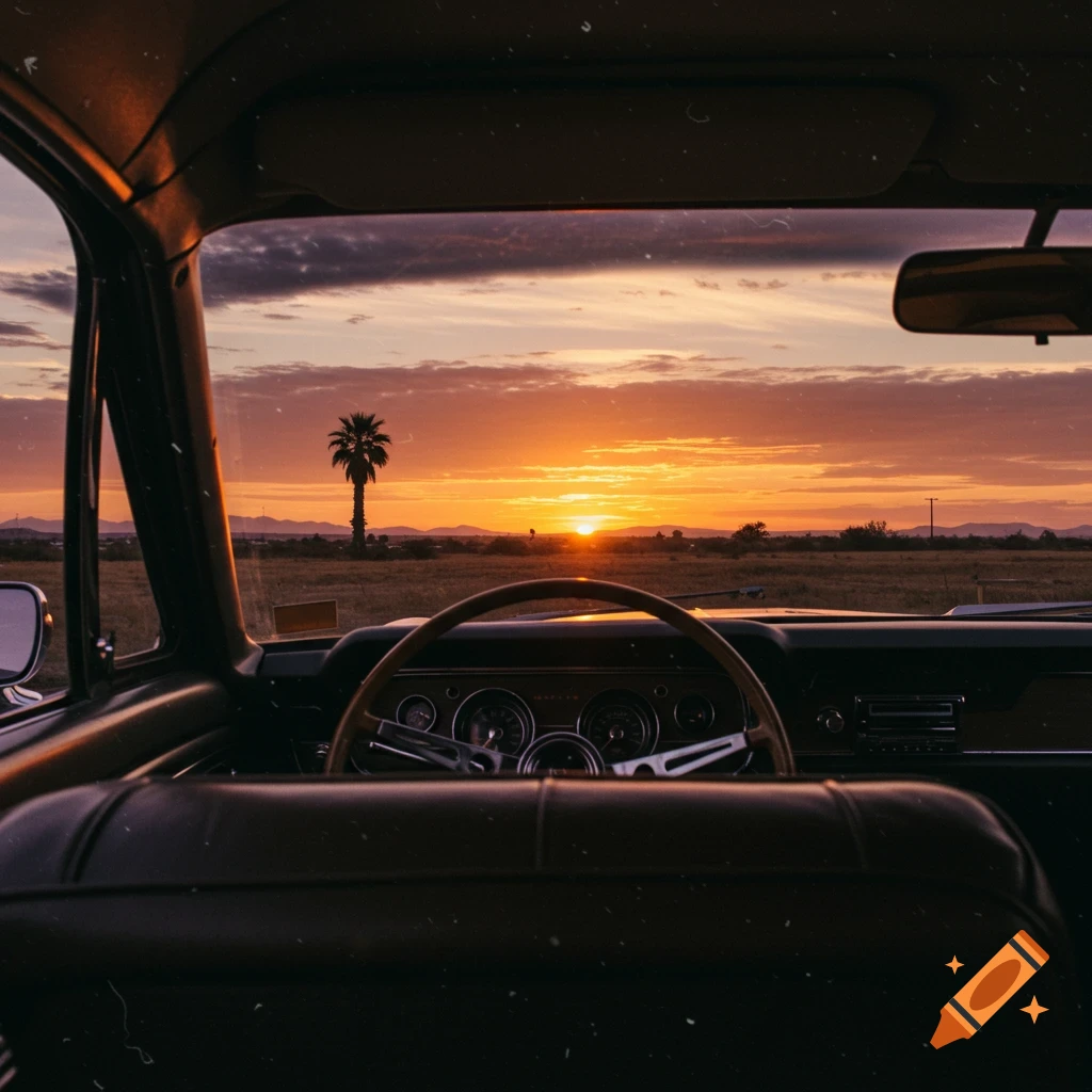 View from inside a vintage car looking out at a sunset over a field with a palm tree.