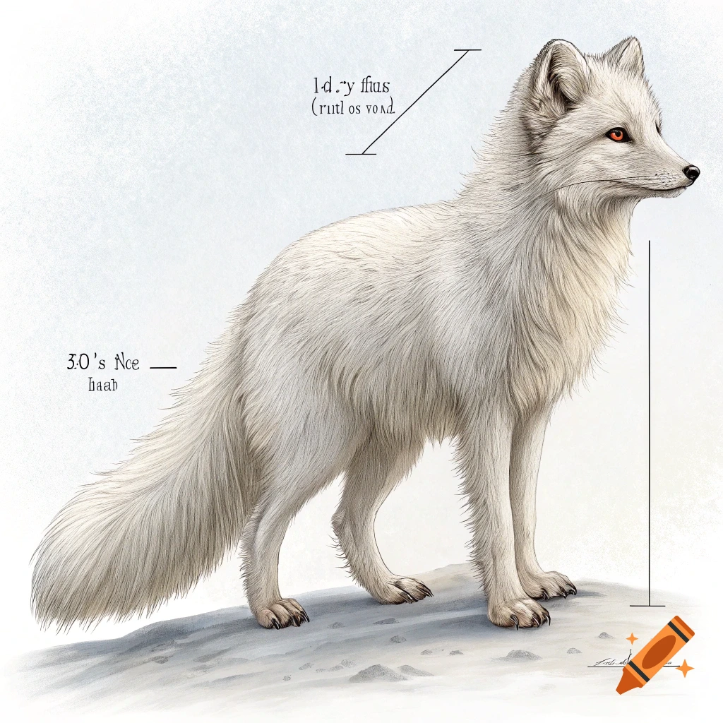 Illustration of a white arctic fox-like creature standing on snow.