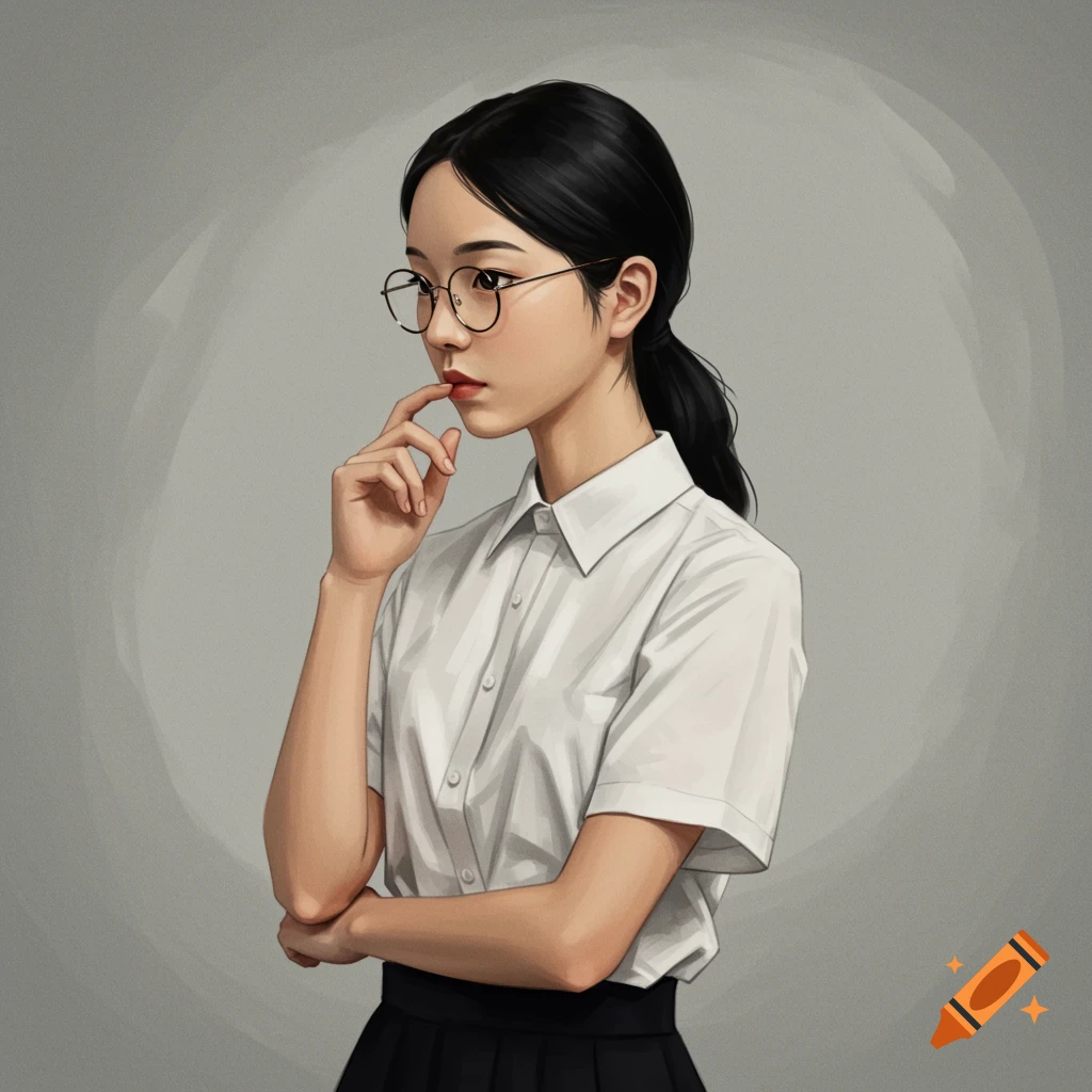 A young woman with glasses in a white blouse and black skirt, in a thoughtful pose.