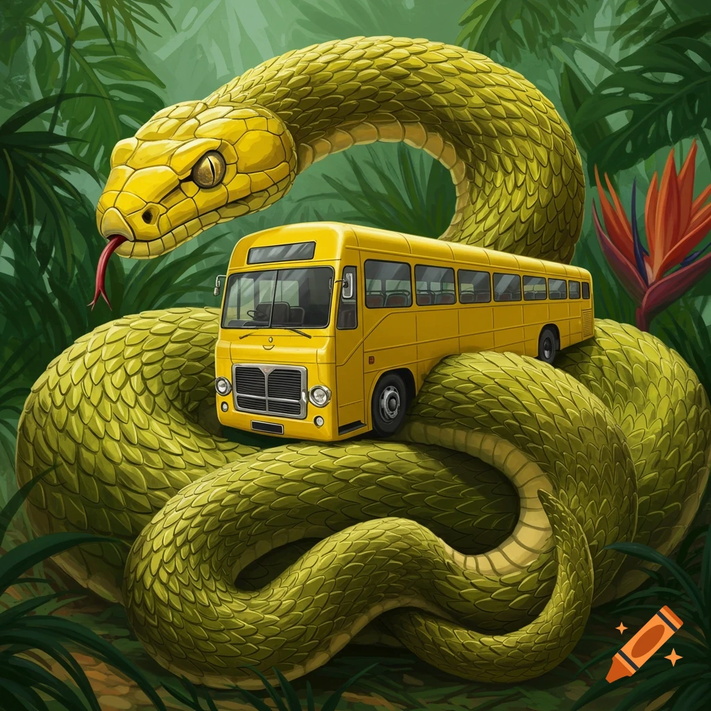 A giant green snake is coiled around a yellow bus in a dense jungle.
