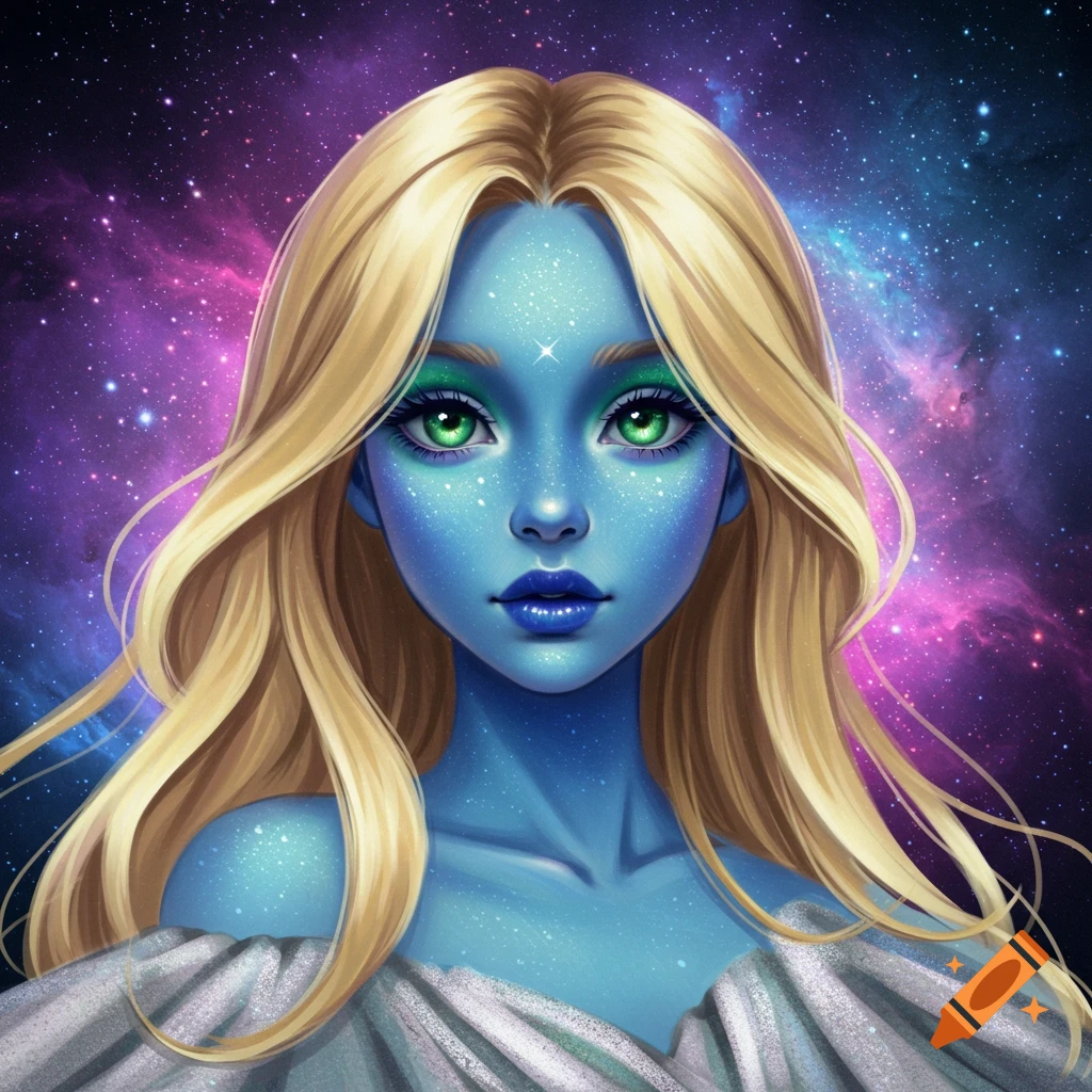 A girl with blue skin, blonde hair, and green eyes against a galaxy background.