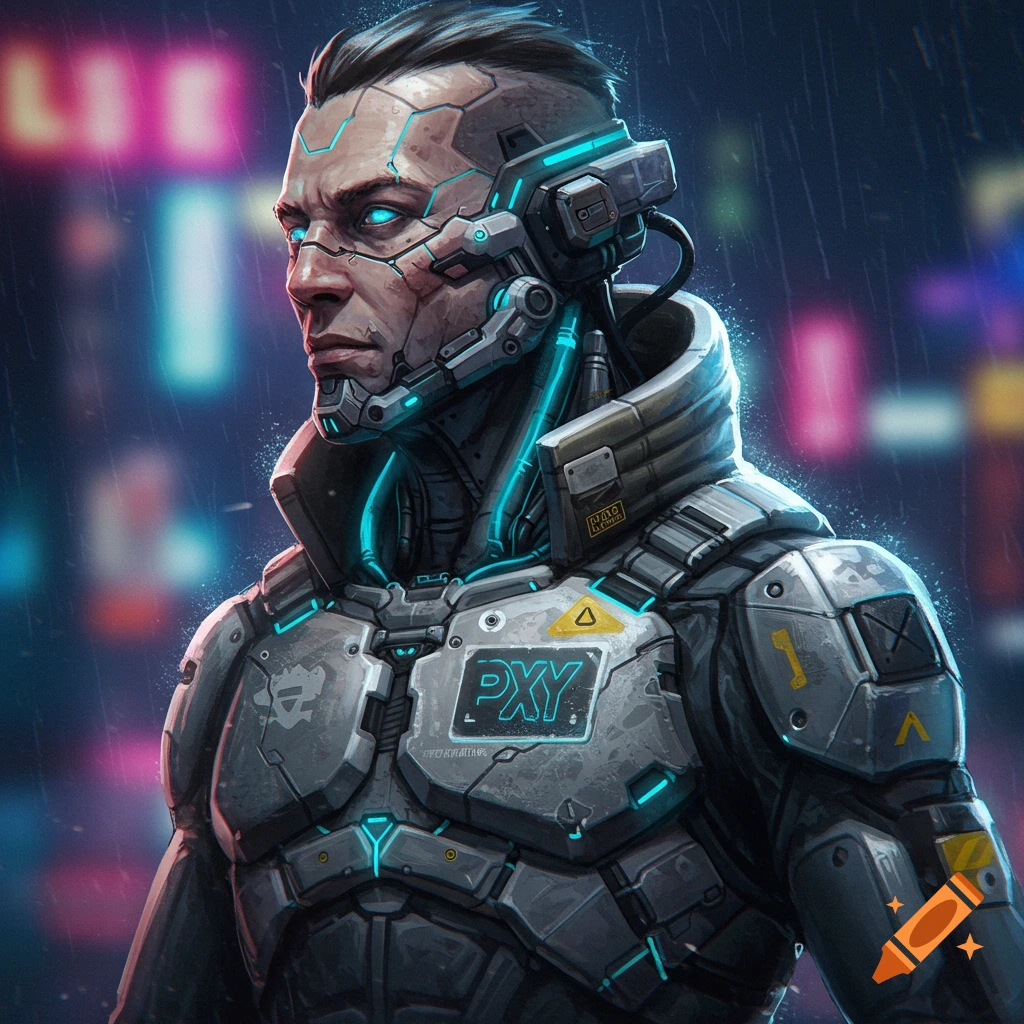 A cyberpunk biomechanical commander stands in the rain, illuminated by neon lights. They wear a PXY badge.