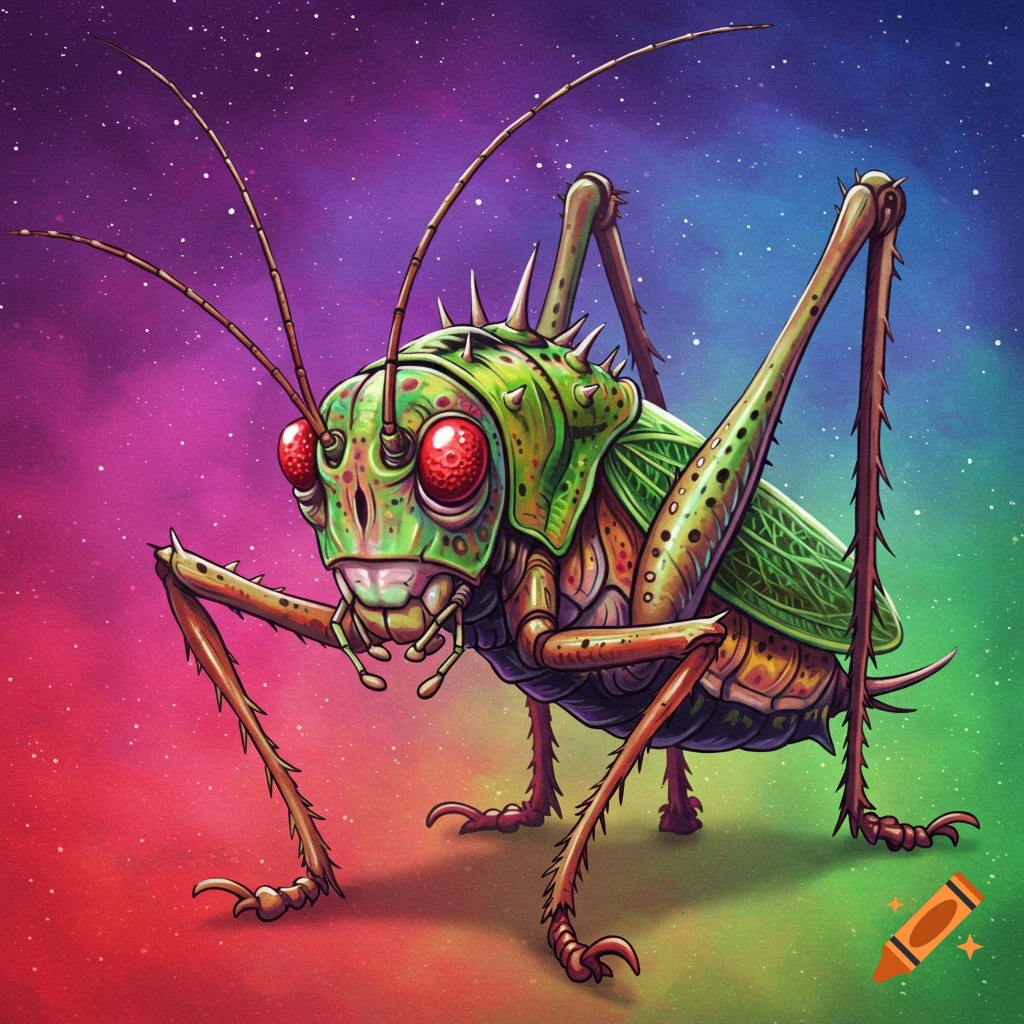 A weird-looking green insect with large red eyes and spikes stands against a colorful, starry background.