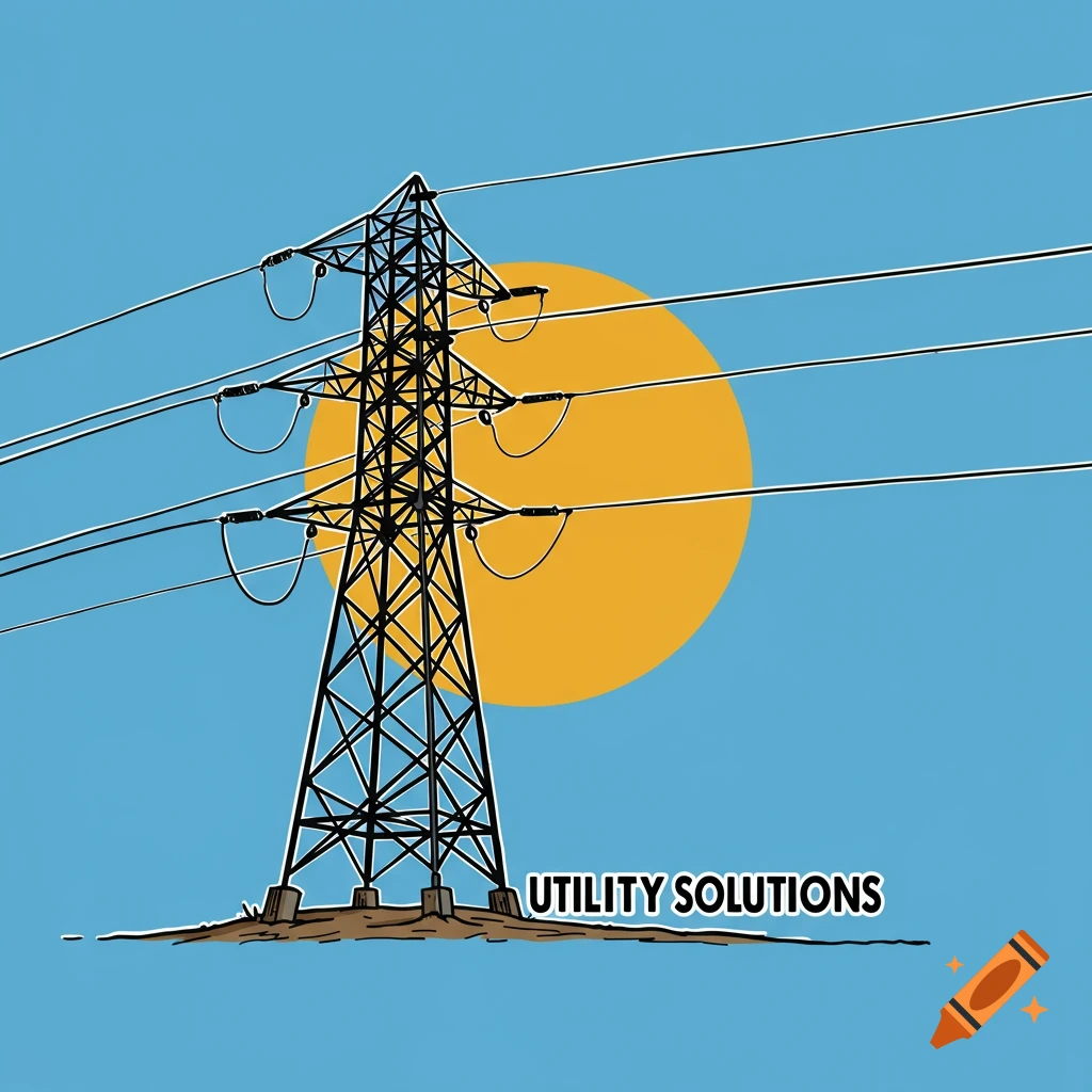 Stylized illustration of a transmission tower against a blue sky with a yellow sun, with the text 'Utility Solutions'.