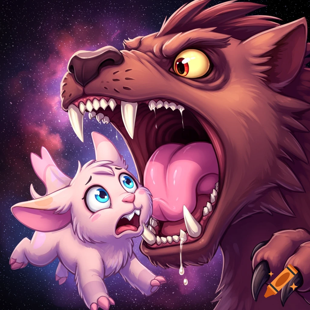 Cartoon monster with mouth open about to eat a terrified pink creature in space