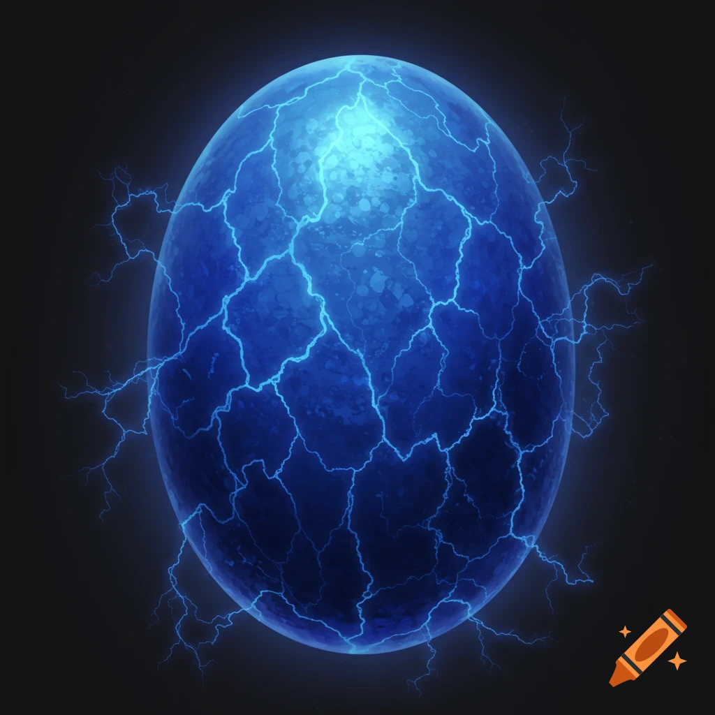 A vibrant blue egg with glowing cracks and lightning bolts on a dark background.