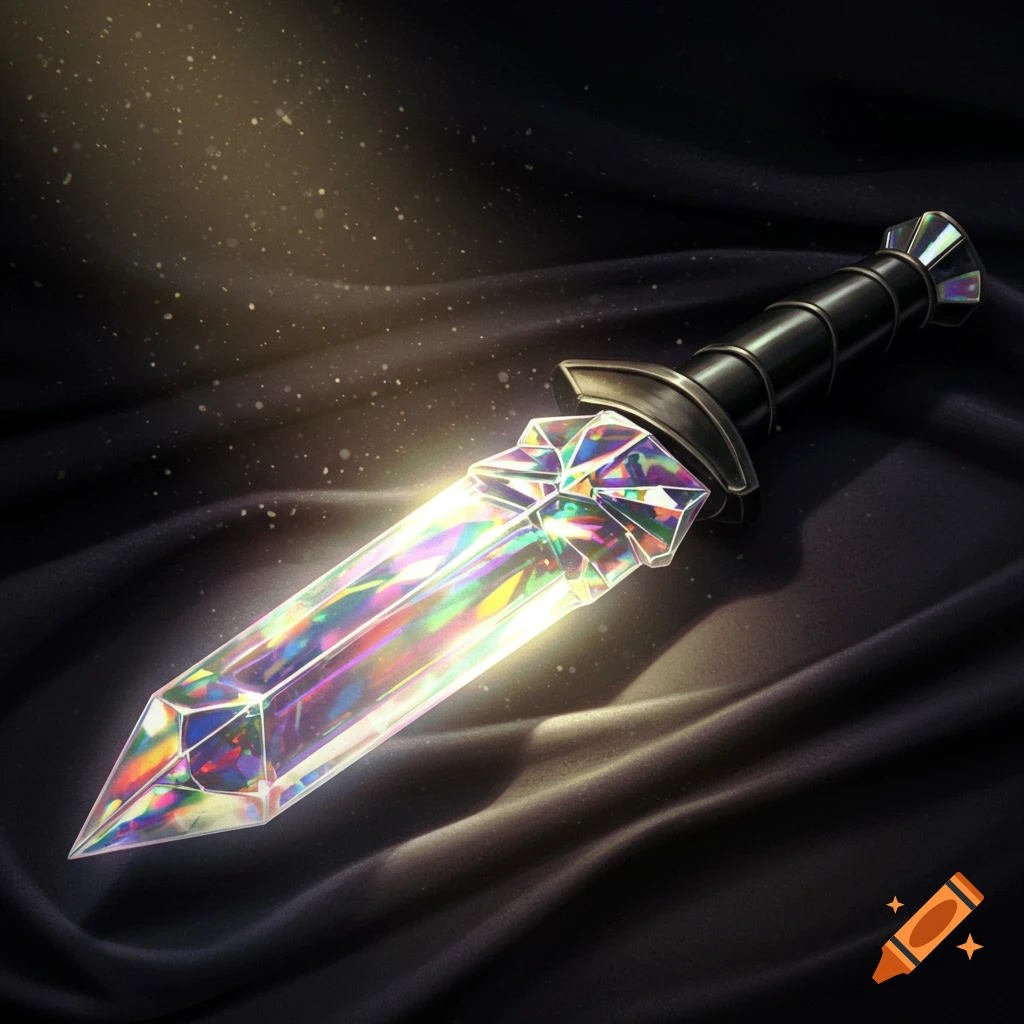 A shimmering crystal dagger resting on dark fabric.