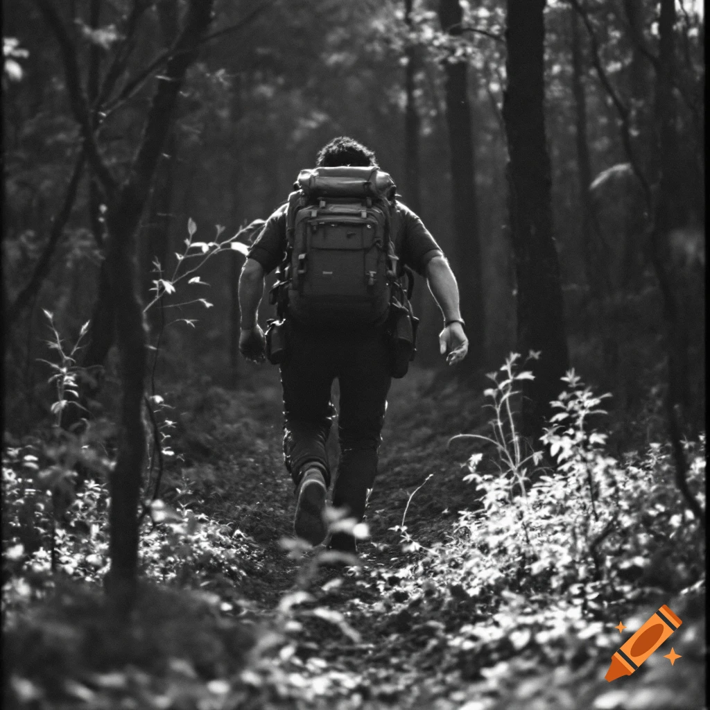 Black and white photo of a person with a large backpack walking away on a forest trail.