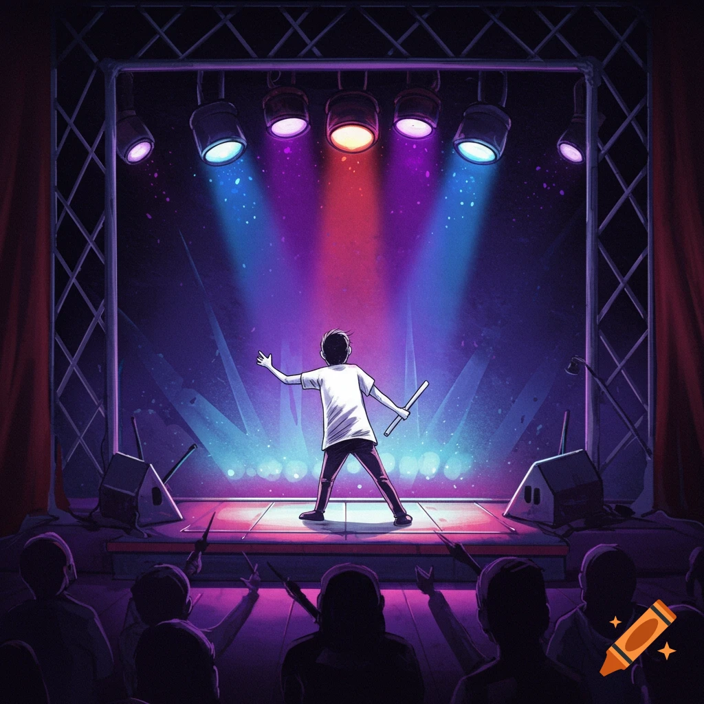 A person stands on a stage under spotlights, facing an audience.