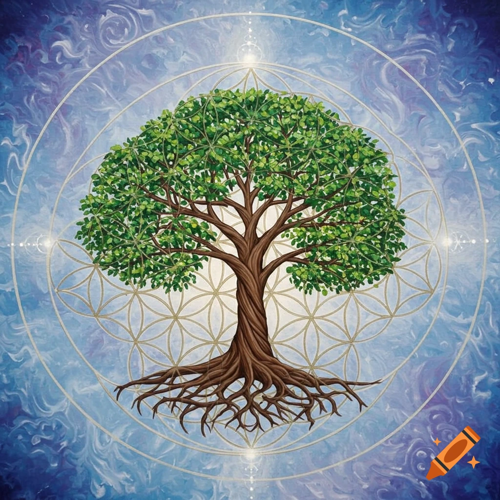 The Tree of Life within the Flower of Life symbol against a swirling cosmic background.