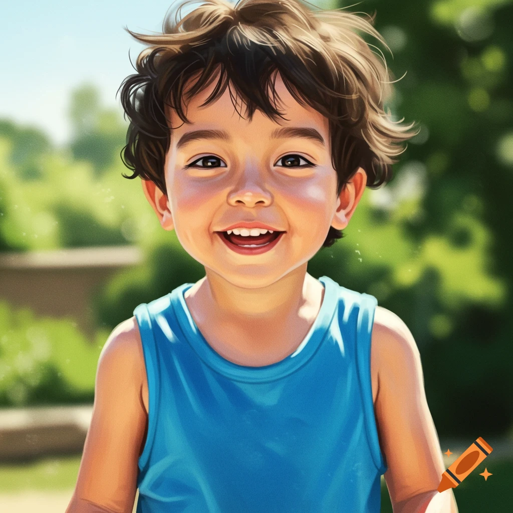 A happy young boy in a blue tank top outdoors.