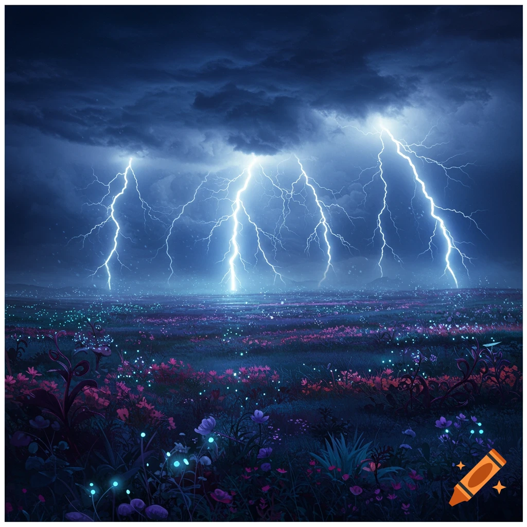 Lightning striking a field of glowing purple flowers under a stormy sky.