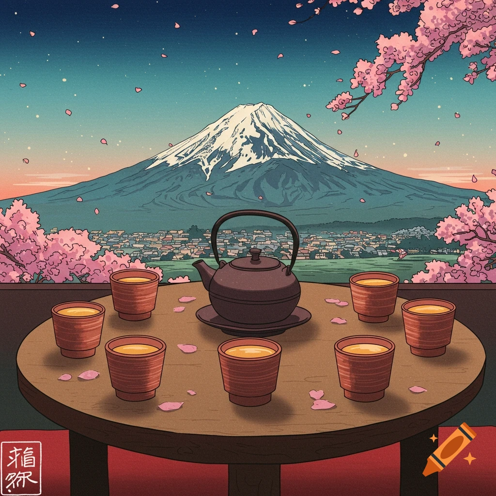 Mount Fuji with cherry blossoms, viewed from a table with a teapot and seven teacups.