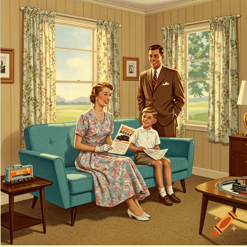 A vintage illustration shows a family in a 1950s living room, with a mother holding a flyer about toy trains.