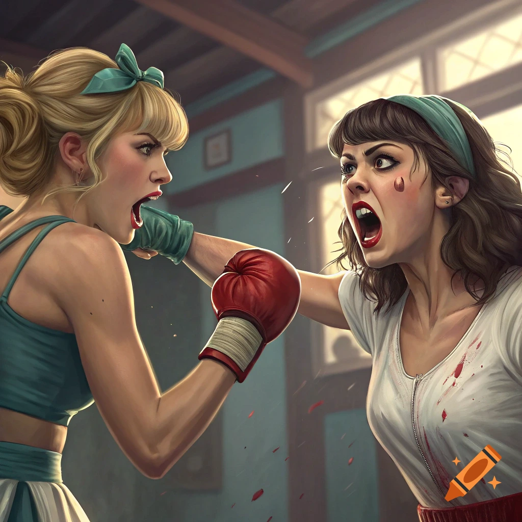 Two women boxing, one lands a punch on the other's face.