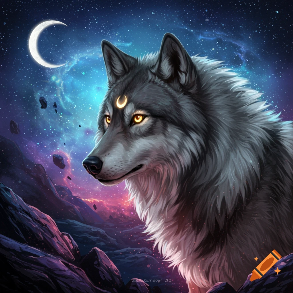 A wolf with a moon symbol on its head in a space landscape under a crescent moon.