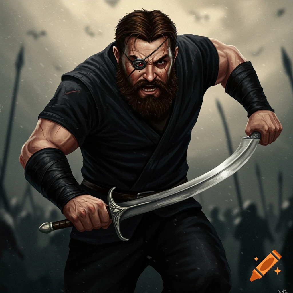 A fierce, one-eyed warrior with a beard holds a curved sword in battle.